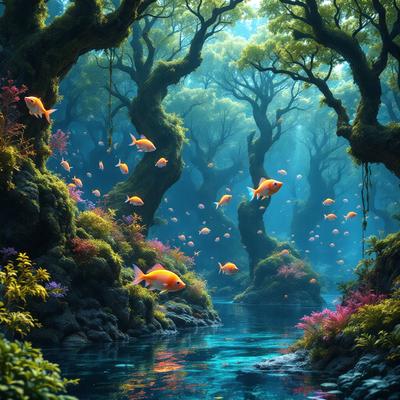 Primary subject: A group of fish swimming in a river.

Setting/background: The fish are swimming in a river surrounded by trees, creating a serene and natural environment.

Visual style: The image is a digital art or illustration, featuring a vibrant and lively scene.

Colors and mood: The colors are predominantly blue and green, with the fish being yellow, creating a calming and peaceful atmosphere.